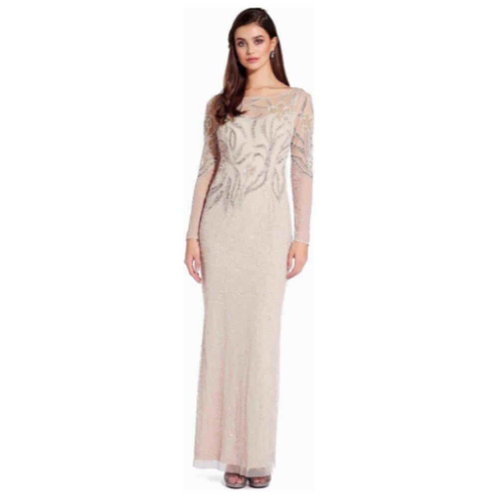 NWT Adrianna Papell Long Sleeve Beaded Long Gown Starburst Bead Pattern